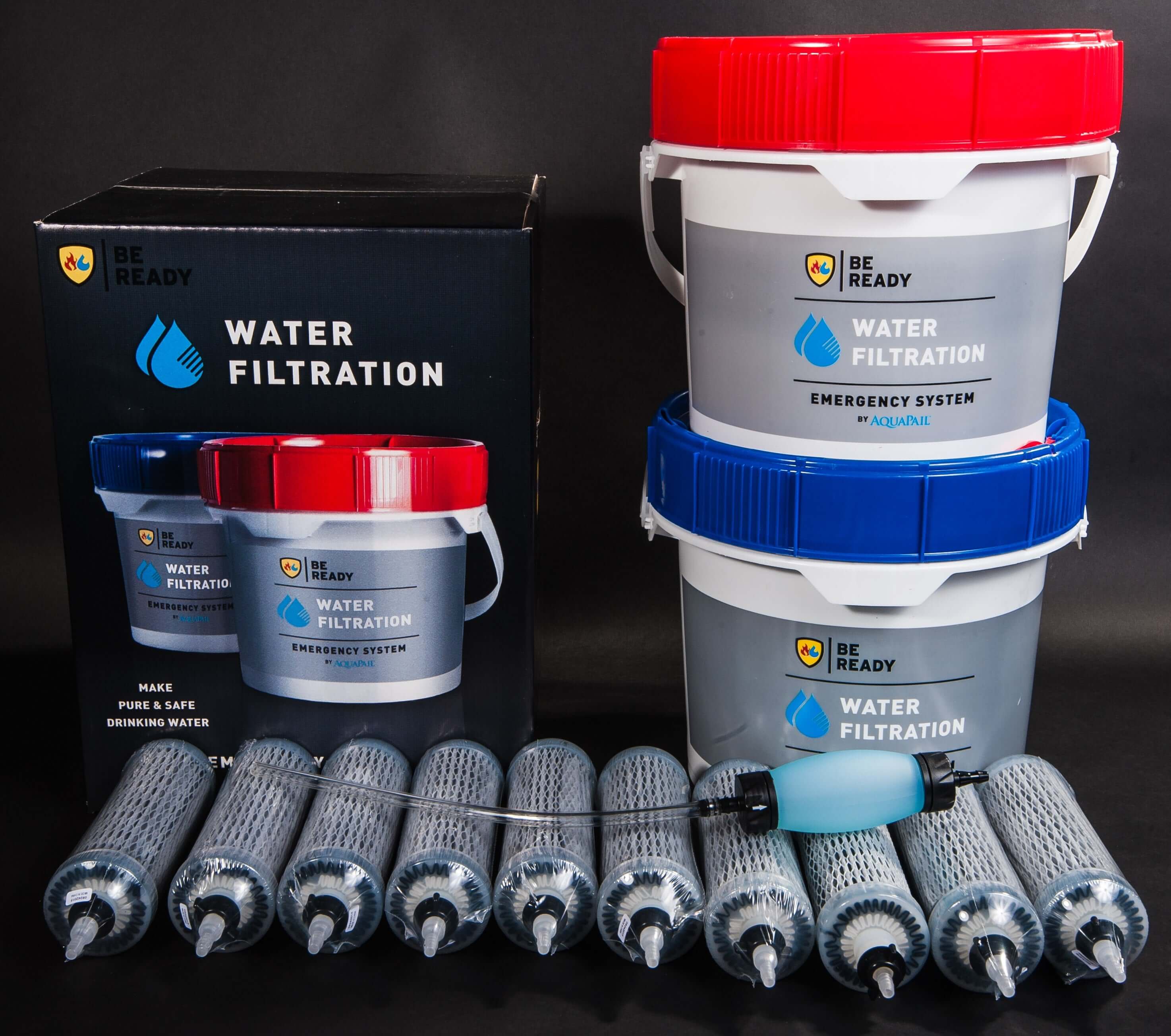 AquaPail 5500 emergency gravity water filtration system with 10 DuraFlo filters and hand pump