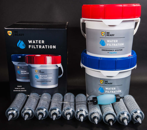 AquaPail 5500 emergency gravity water filtration system with 10 DuraFlo filters and hand pump