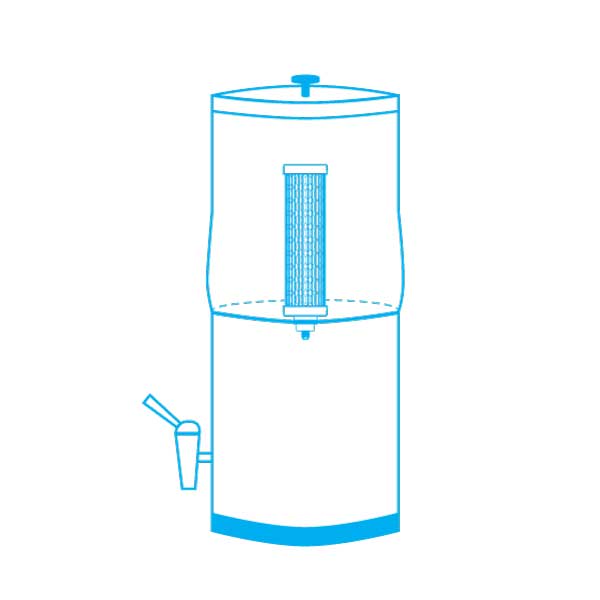 Cross section diagram showing how DuraFlo replacement filter fits inside a gravity water purifier