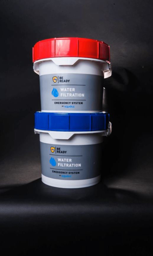 Close up view of AquaPail emergency water filter bucket with red lid