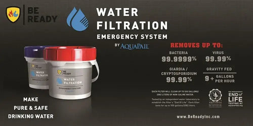 AquaPail emergency water filter system features showing 99.99 percent virus removal
